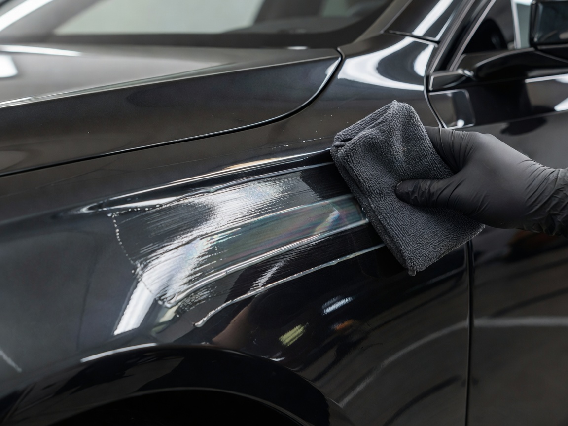Careful application of a ceramic coating fluid to a vehicle panel using a microfibre applicator block
