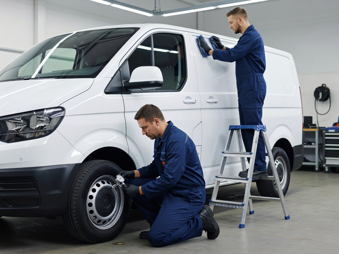A clean commercial van undergoing inspection and exterior maintenance