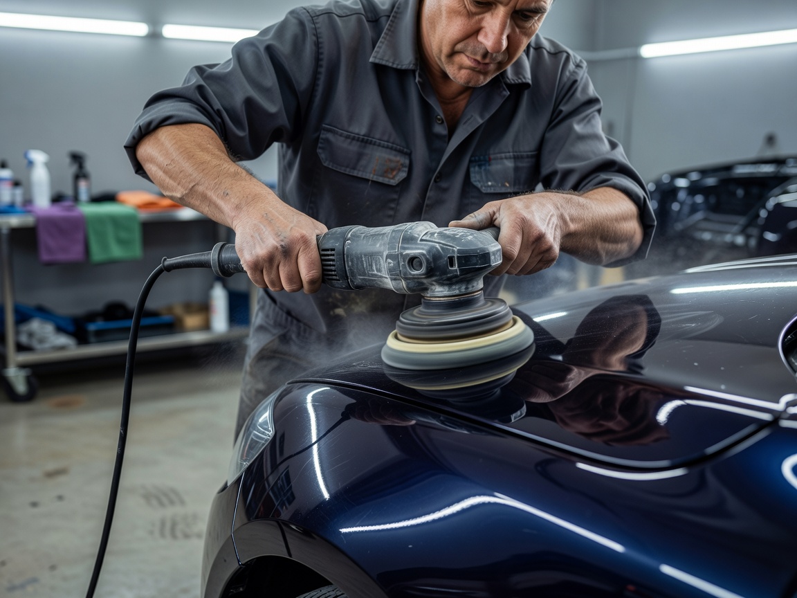 A technician using a dual-action machine polisher on a vehicle paint panel