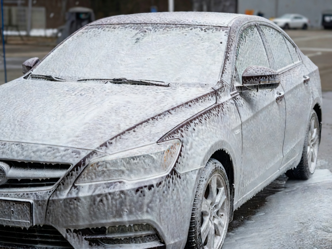 A vehicle covered in thick white snow foam during the pre-wash stage