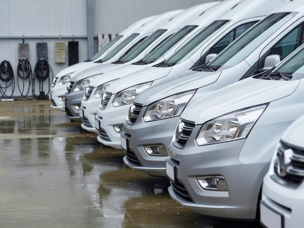 A row of clean, well-maintained commercial vans parked together