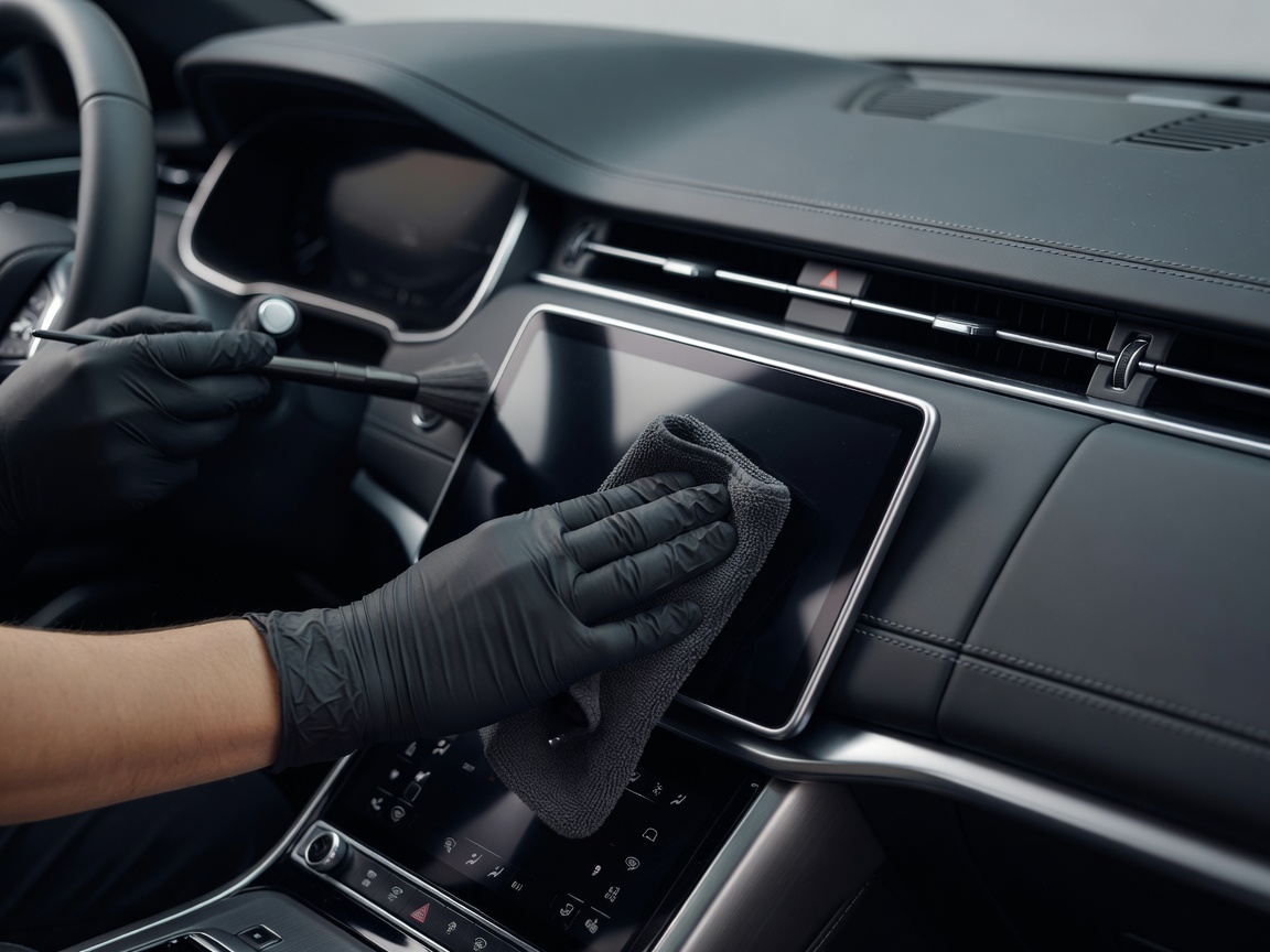 Detailed cleaning of a modern vehicle dashboard and touch screens