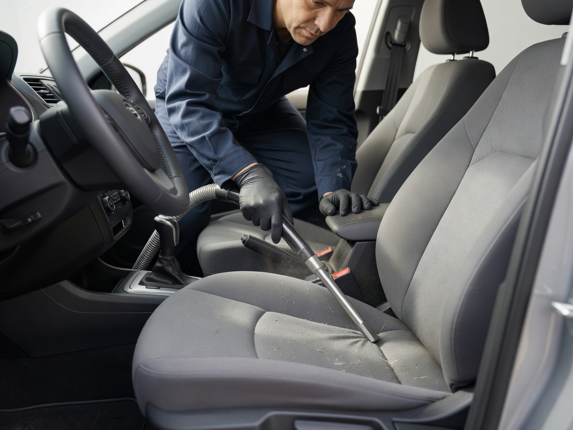 A technician thoroughly vacuuming the fabric seats of a vehicle interior