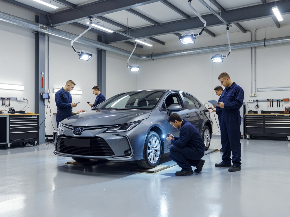 A well-lit technical inspection studio showing a vehicle under bright assessment lights